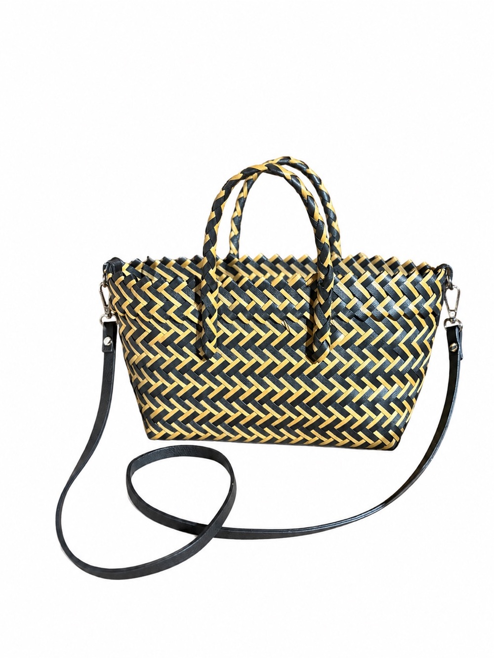 Zara Woven Black & Mustard Yellow Crossbody Tote Bag